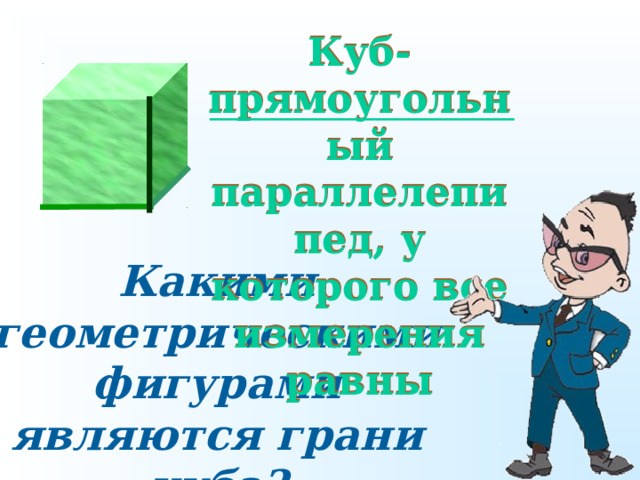 Куб-прямоугольный параллелепипед, у которого все измерения равны Какими геометрическими фигурами являются грани куба? 