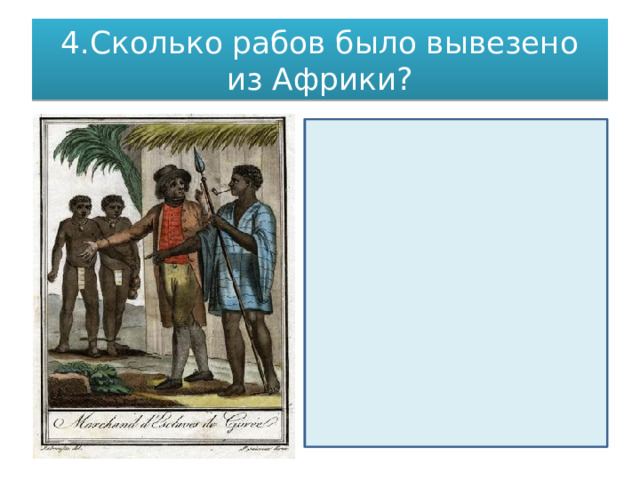 4.Сколько рабов было вывезено из Африки? Обычно называют цифру 10–12 миллионов человек, проданных в рабство из Западной, Южной и Восточной Африки в период с XVI по XIX век. Точные цифры вряд ли могут быть установлены, тем более что не менее 10–15 % рабов умирали еще в пути через океан. Но несчастных везли не только на американ­ские плантации. 