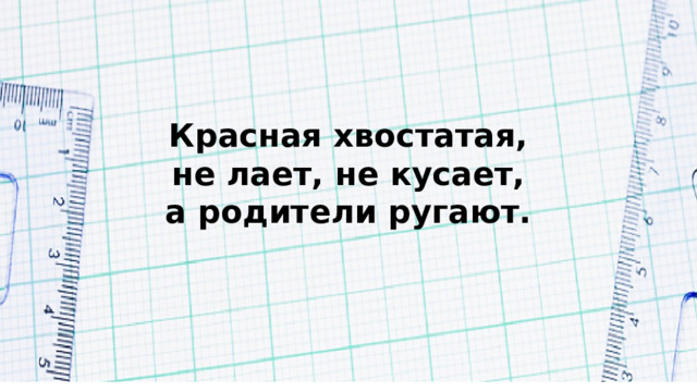 Красная хвостатая, не лает, не кусает, а родители ругают. 