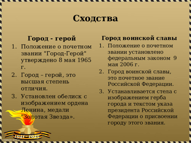Сходства Город - герой Город воинской славы Положение о почетном звании 