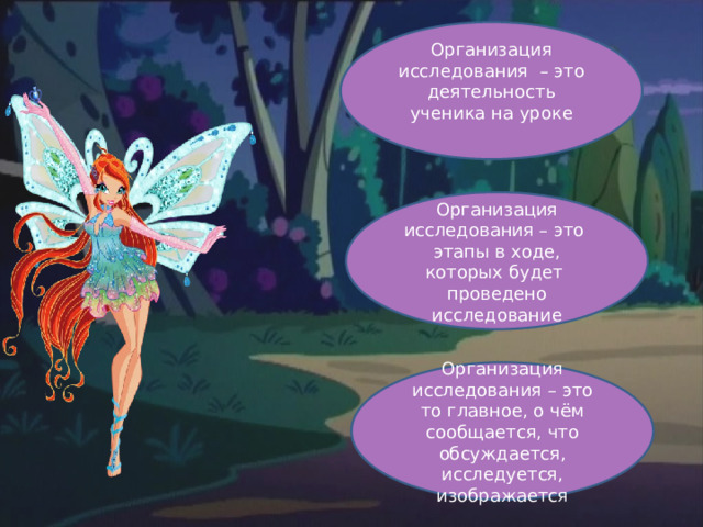Организация исследования – это деятельность ученика на уроке Организация исследования – это этапы в ходе, которых будет проведено исследование Организация исследования – это то главное, о чём сообщается, что обсуждается, исследуется, изображается 