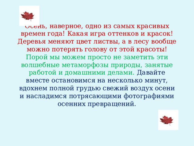      Осень, наверное, одно из самых красивых времен года! Какая игра оттенков и красок! Деревья меняют цвет листвы, а в лесу вообще можно потерять голову от этой красоты!  Порой мы можем просто не заметить эти волшебные метаморфозы природы, занятые работой и домашними делами. Давайте вместе остановимся на несколько минут, вдохнем полной грудью свежий воздух осени и насладимся потрясающими фотографиями осенних превращений.   