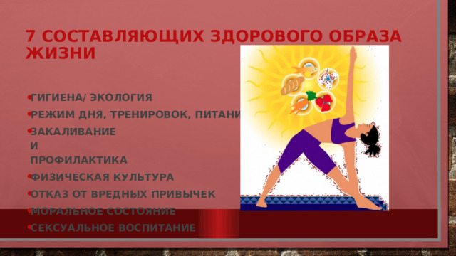 7 составляющих здорового образа жизни Гигиена/ экология Режим дня, тренировок, питания Закаливание  и  профилактика Физическая культура Отказ от вредных привычек Моральное состояние Сексуальное воспитание     