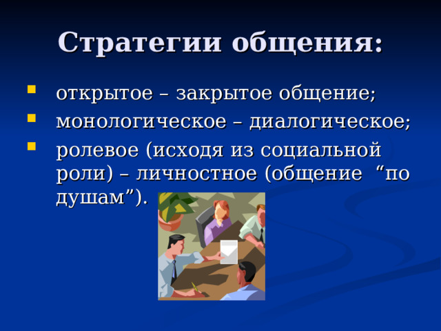 Стратегии общения : открытое – закрытое общение; монологическое – диалогическое; ролевое (исходя из социальной роли) – личностное (общение “по душам”). 