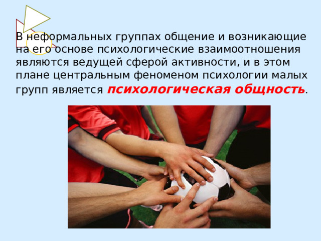 В неформальных группах общение и возникающие на его основе психологические взаимоотношения являются ведущей сферой активности, и в этом плане центральным феноменом психологии малых групп является  психологическая общность . 