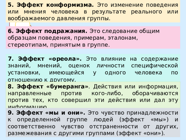 5. Эффект конформизма. Это изменение поведения или мнения человека в результате реального или воображаемого давления группы. 6. Эффект подражания. Это следование общим образцам поведения, примерам, эталонам, стереотипам, принятым в группе.  7. Эффект «ореола». Это влияние на содержание знаний, мнений, оценок личности специфической установки, имеющейся у одного человека по отношению к другому.   8. Эффект «бумеранга» . Действия или информация, направленные против кого-либо, оборачиваются против тех, кто совершил эти действия или дал эту информацию.  9. Эффект «мы и они». Это чувство принадлежности к определенной группе людей (эффект «мы») и соответственно чувство отстраненности от других, размежевания с другими группами (эффект «они»). 