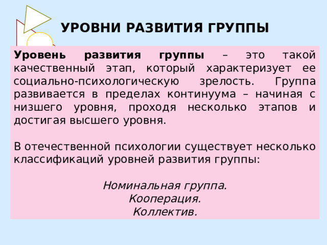 УРОВНИ РАЗВИТИЯ ГРУППЫ Уровень развития группы – это такой качественный этап, который характеризует ее социально-психологическую зрелость. Группа развивается в пределах континуума – начиная с низшего уровня, проходя несколько этапов и достигая высшего уровня. В отечественной психологии существует несколько классификаций уровней развития группы: Номинальная группа. Кооперация. Коллектив. 
