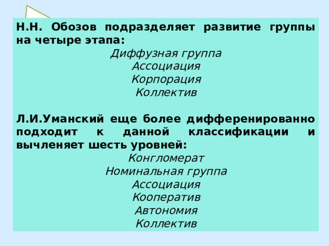 Н.Н. Обозов подразделяет развитие группы на четыре этапа: Диффузная группа Ассоциация Корпорация Коллектив Л.И.Уманский еще более дифференированно подходит к данной классификации и вычленяет шесть уровней: Конгломерат Номинальная группа Ассоциация Кооператив Автономия Коллектив 