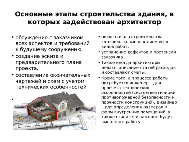 Основные этапы строительства здания, в которых задействован архитектор обсуждение с заказчиком всех аспектов и требований к будущему сооружению, создание эскиза и предварительного плана проекта, составление окончательных чертежей и схем с учетом технических особенностей здания; разработка плана выполнения всех работ, подготовка проектной документации, после начала строительства – контроль за выполнением всех видов работ, устранение дефектов и претензий заказчика. Также иногда архитекторы делают описание статей расходов и составляют сметы. Кроме того, в процессе работы потребуется инженер – для просчета технических особенностей (систем вентиляции, противопожарной безопасности и прочности конструкций), дизайнер – для определения размеров и форм внутренних помещений, а также строители, которые будут выполнять работу. 