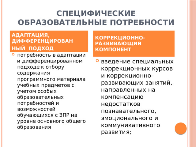специфические образовательные потребности АДАПТАЦИЯ, ДИФФЕРЕНЦИРОВАН  НЫЙ ПОДХОД КОРРЕКЦИОННО-РАЗВИВАЮЩИЙ КОМПОНЕНТ  потребность в адаптации и дифференцированном подходе к отбору содержания программного материала учебных предметов с учетом особых образовательных потребностей и возможностей обучающихся с ЗПР на уровне основного общего образования введение специальных коррекционных курсов и коррекционно-развивающих занятий, направленных на компенсацию недостатков познавательного, эмоционального и коммуникативного развития; 