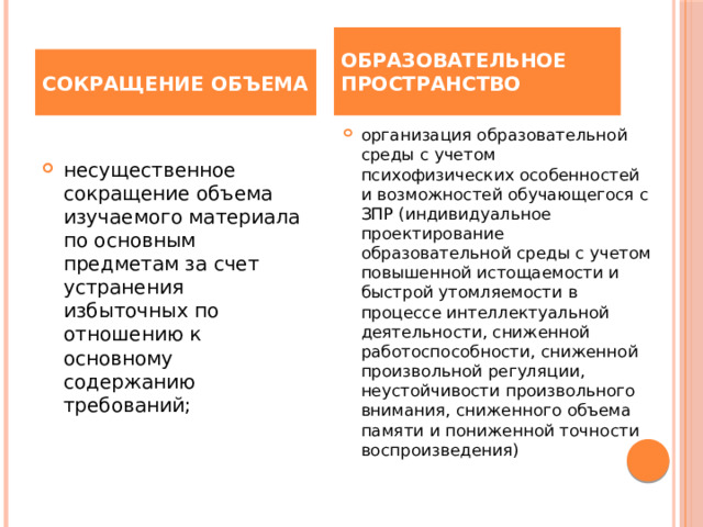 ОБРАЗОВАТЕЛЬНОЕ ПРОСТРАНСТВО СОКРАЩЕНИЕ ОБЪЕМА организация образовательной среды с учетом психофизических особенностей и возможностей обучающегося с ЗПР (индивидуальное проектирование образовательной среды с учетом повышенной истощаемости и быстрой утомляемости в процессе интеллектуальной деятельности, сниженной работоспособности, сниженной произвольной регуляции, неустойчивости произвольного внимания, сниженного объема памяти и пониженной точности воспроизведения) несущественное сокращение объема изучаемого материала по основным предметам за счет устранения избыточных по отношению к основному содержанию требований; 