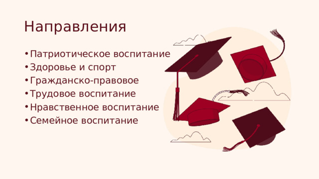 Направления Патриотическое воспитание Здоровье и спорт Гражданско-правовое Трудовое воспитание Нравственное воспитание Семейное воспитание 