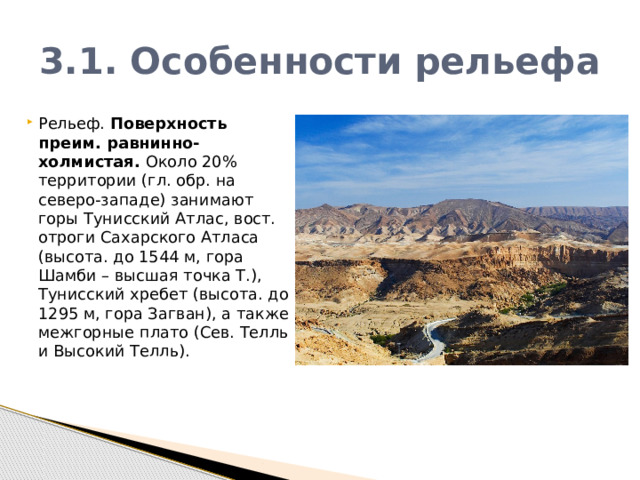 3.1. Особенности рельефа Рельеф.  Поверхность преим. равнинно-холмистая. Около 20% территории (гл. обр. на северо-западе) занимают горы Тунисский Атлас, вост. отроги Сахарского Атласа (высота. до 1544 м, гора Шамби – высшая точка Т.), Тунисский хребет (высота. до 1295 м, гора Загван), а также межгорные плато (Сев. Телль и Высокий Телль). 