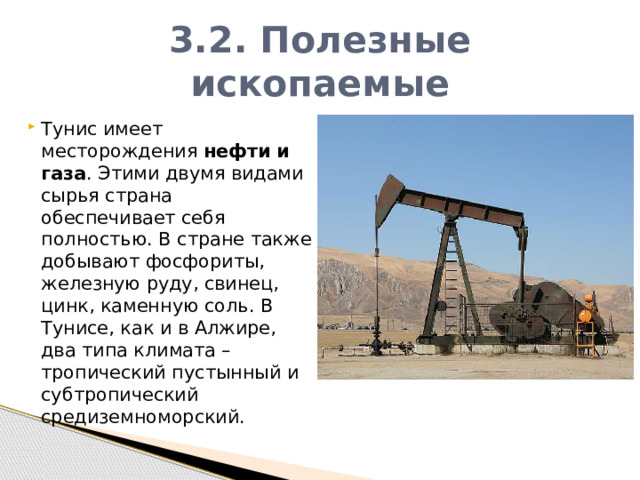 3.2. Полезные ископаемые Тунис имеет месторождения  нефти и газа . Этими двумя видами сырья страна обеспечивает себя полностью. В стране также добывают фосфориты, железную руду, свинец, цинк, каменную соль. В Тунисе, как и в Алжире, два типа климата – тропический пустынный и субтропический средиземноморский. 