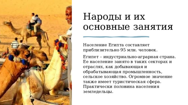 Народы и их основные занятия  Население Египта составляет приблизительно 95 млн. человек.  Египет – индустриально-аграрная страна. Ее население занято в таких секторах и отраслях, как добывающая и обрабатывающая промышленность, сельское хозяйство. Огромное значение также имеет туристическая сфера. Практически половина населения земледельцы.  