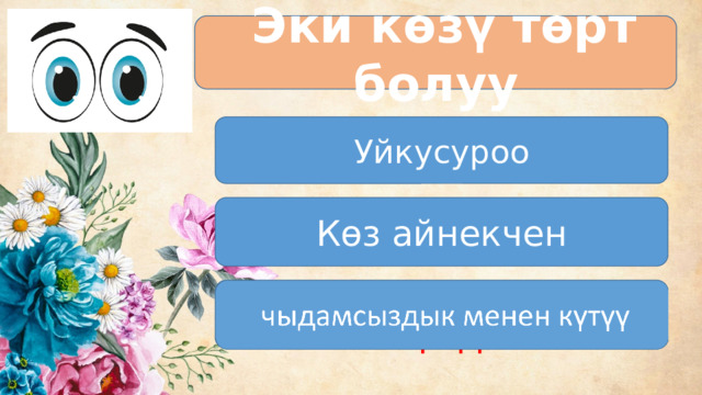   Эки көзү төрт болуу Уйкусуроо Көз айнекчен  чыдамсыздык менен күтүү 