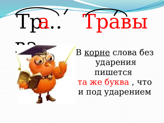 Травы  а  Тр…ва В корне слова без ударения пишется та же буква , что и под ударением 
