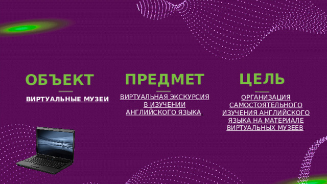 ЦЕЛЬ ПРЕДМЕТ ОБЪЕКТ   ВИРТУАЛЬНАЯ ЭКСКУРСИЯ В ИЗУЧЕНИИ АНГЛИЙСКОГО ЯЗЫКА . ОРГАНИЗАЦИЯ САМОСТОЯТЕЛЬНОГО ИЗУЧЕНИЯ АНГЛИЙСКОГО ЯЗЫКА НА МАТЕРИАЛЕ ВИРТУАЛЬНЫХ МУЗЕЕВ . ВИРТУАЛЬНЫЕ МУЗЕИ 