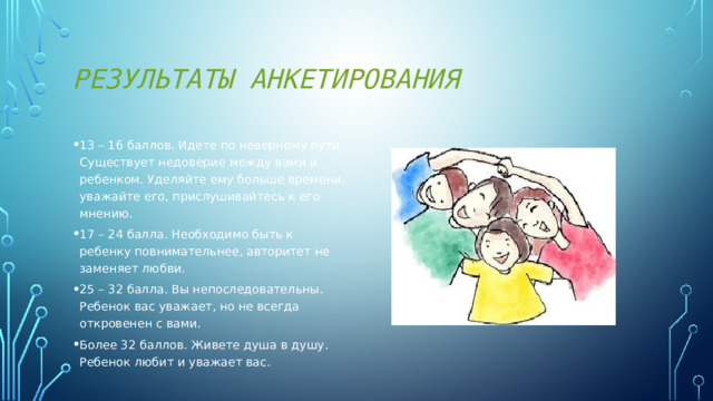Результаты анкетирования 13 – 16 баллов. Идете по неверному пути. Существует недоверие между вами и ребенком. Уделяйте ему больше времени, уважайте его, прислушивайтесь к его мнению. 17 – 24 балла. Необходимо быть к ребенку повнимательнее, авторитет не заменяет любви. 25 – 32 балла. Вы непоследовательны. Ребенок вас уважает, но не всегда откровенен с вами. Более 32 баллов. Живете душа в душу. Ребенок любит и уважает вас. 
