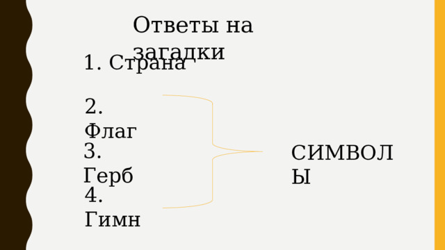 Ответы на загадки 1. Страна 2. Флаг 3. Герб СИМВОЛЫ 4. Гимн 