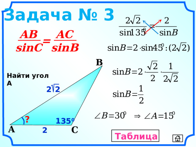Задача № 3 AC AB = sinB sinC B Найти угол А 2  2 2  2 Гаврилова Н.Ф. «Поурочные разработки по геометрии: 9 класс». – М.: ВАКО, 2007. – 320 с. – (В помощь школьному учителю) ? 135 0 135 0 A C 2 2 Таблица 11 