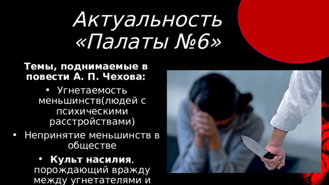 Актуальность «Палаты №6» Темы, поднимаемые в повести А. П. Чехова: Угнетаемость меньшинств(людей с психическими расстройствами) Непринятие меньшинств в обществе Культ насилия , порождающий вражду между угнетателями и угнетаемыми(на примере сторожа и пациентов палаты) 