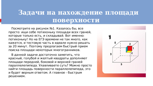   Задачи на нахождение площади поверхности  Посмотрите на рисунок №1. Казалось бы, все просто: ищи себе потихоньку площади всех граней, которые только есть, и складывай. Вот именно: потихоньку! Но на ЕГЭ времени не так много, как кажется, и тестовую часть в идеале нужно решать за 20 минут. Поэтому предлагаем быстрый прием поиска площади некоторых многогранников.  В данной задаче достаточно заметить, что красный, голубой и желтый квадраты дополняют площади передней, боковой и верхней граней параллелепипеда. Улавливаете суть? Можно просто найти площадь поверхности параллелепипеда, это и будет верным ответом. А главное - быстрым решением.   
