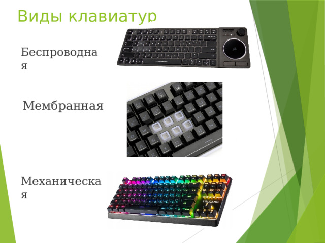 Виды клавиатур Беспроводная Мембранная  Механическая 