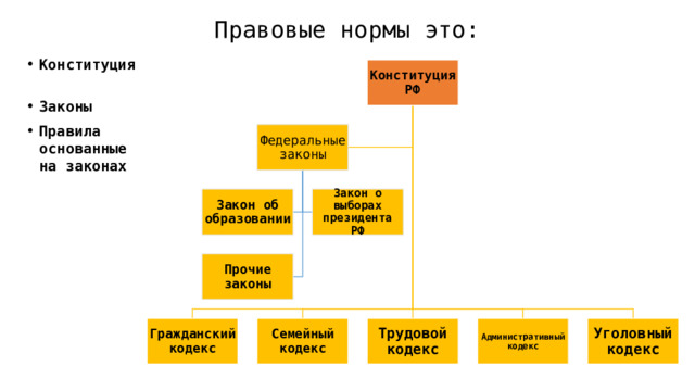 Правовые нормы это: Конституция Законы Правила основанные на законах Конституция РФ Федеральные законы Закон об образовании Закон о выборах президента РФ Прочие законы Гражданский кодекс Семейный кодекс Трудовой кодекс Административный кодекс Уголовный кодекс 