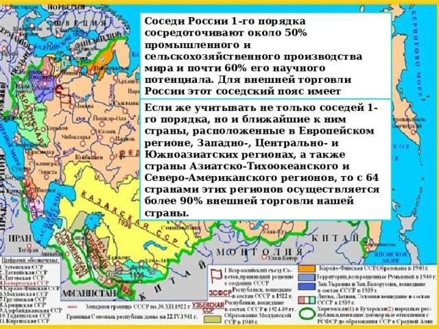 Соседи России 1-го порядка сосредоточивают около 50% промышленного и сельскохозяйственного производства мира и почти 60% его научного потенциала. Для внешней торговли России этот соседский пояс имеет огромное значение. На него приходится 1 /3 российского экспорта и 2/5 импорта Если же учитывать не только соседей 1-го порядка, но и ближайшие к ним страны, расположенные в Европейском регионе, Западно-, Центрально- и Южноазиатских регионах, а также страны Азиатско-Тихоокеанского и Северо-Американского регионов, то с 64 странами этих регионов осуществляется более 90% внешней торговли нашей страны. 