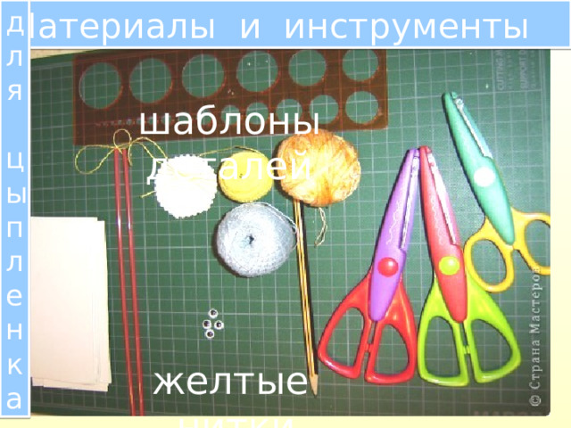 Материалы и инструменты для  цыпленка шаблоны деталей желтые нитки 