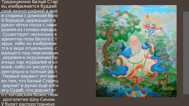Традиционно Белый Старец изображается буддийской иконографией в виде старика с длинной белой бородой, держащего в руках чётки посох с навершием из головы макара. Существует несколько вариантов позы Белого Старца: либо он изображается в виде отшельника, сидящего под персиковым деревом в окружении брачных пар журавлей и оленей, либо он рисуется фронтально в полный рост. Первый вариант интересен тем, что Белый Старец держит в руках ещё и Книгу Судеб, что роднит его с китайским божеством долголетия Шоу Сином.   У бурят распространено изображение Старца, сидящего на троне . 