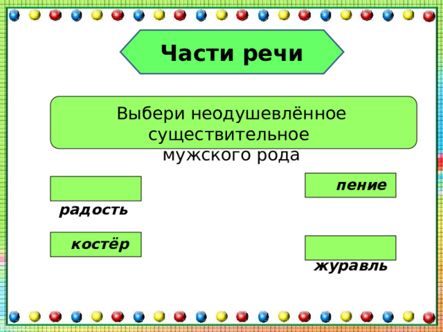 Части речи Выбери неодушевлённое существительное мужского рода  пение  радость  костёр  журавль 