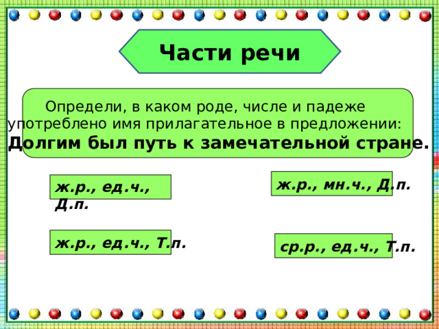 Части речи  Определи, в каком роде, числе и падеже употреблено имя прилагательное в предложении: Долгим был путь к замечательной стране. ж.р., мн.ч., Д.п. ж.р., ед.ч., Д.п. ж.р., ед.ч., Т.п. ср.р., ед.ч., Т.п. 