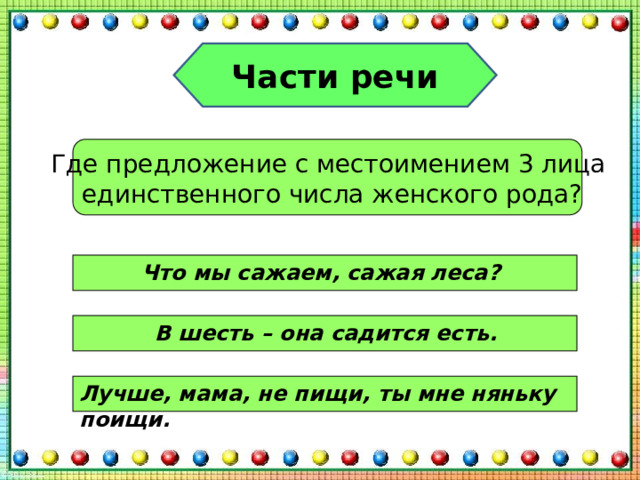 Части речи Где предложение с местоимением 3 лица  единственного числа женского рода? Что мы сажаем, сажая леса? В шесть – она садится есть. Лучше, мама, не пищи, ты мне няньку поищи. 