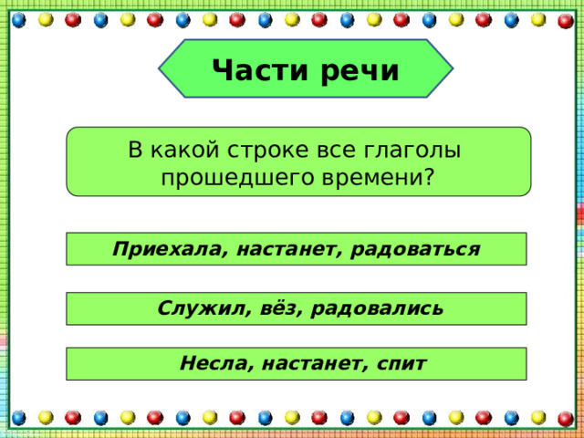 Части речи В какой строке все глаголы прошедшего времени? Приехала, настанет, радоваться Служил, вёз, радовались Несла, настанет, спит 