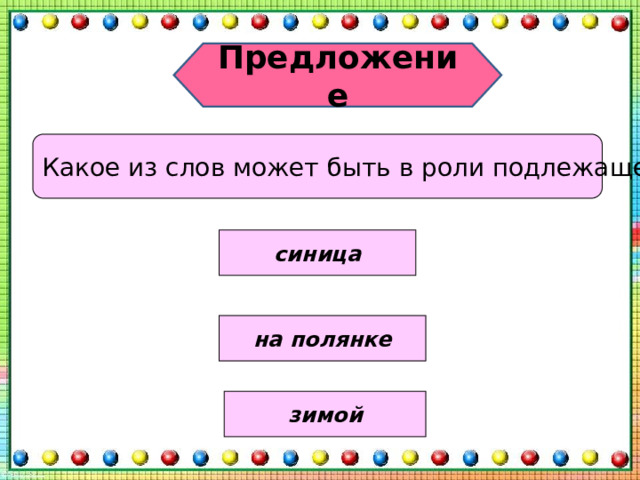 Предложение Какое из слов может быть в роли подлежащего? синица на полянке зимой 