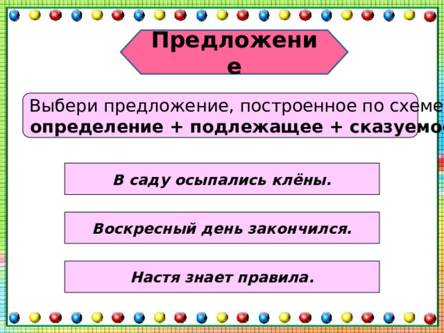Предложение Выбери предложение, построенное по схеме: определение + подлежащее + сказуемое В саду осыпались клёны. Воскресный день закончился. Настя знает правила. 