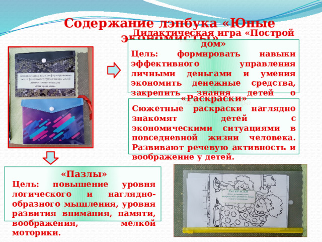 Содержание лэпбука «Юные экономисты»          Дидактическая игра «Построй дом» Цель: формировать навыки эффективного управления личными деньгами и умения экономить денежные средства, закрепить знания детей о процессе покупки товара.           «Раскраски» Сюжетные раскраски наглядно знакомят детей с экономическими ситуациями в повседневной жизни человека. Развивают речевую активность и воображение у детей.  «Пазлы» Цель: повышение уровня логического и наглядно-образного мышления, уровня развития внимания, памяти, воображения, мелкой моторики. 