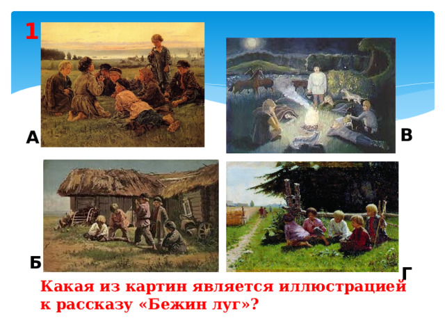 1 В А Б Г Какая из картин является иллюстрацией к рассказу «Бежин луг»? 