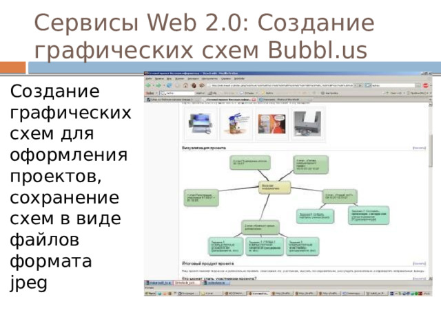 Сервисы Web 2.0: Создание графических схем Bubbl.us Создание графических схем для оформления проектов, сохранение схем в виде файлов формата jpeg 