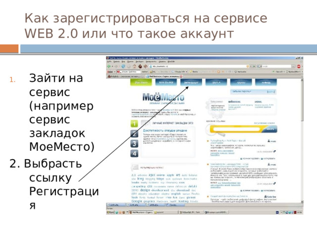 Как зарегистрироваться на сервисе WEB 2.0 или что такое аккаунт Зайти на сервис (например сервис закладок МоеМесто) 2. Выбрасть ссылку Регистрация 