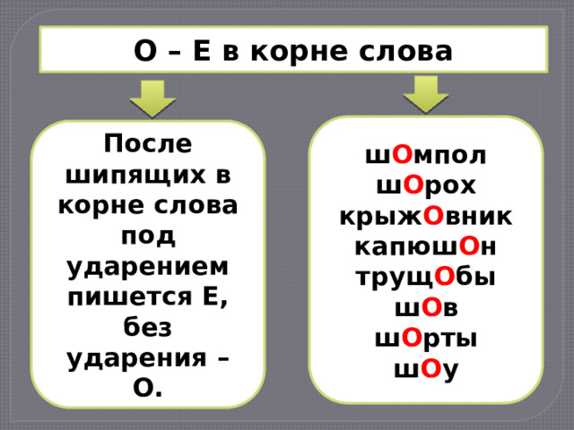 О – Е в корне слова    ш О мпол ш О рох крыж О вник капюш О н трущ О бы ш О в ш О рты ш О у    После шипящих в корне слова под ударением пишется Е, без ударения – О. 