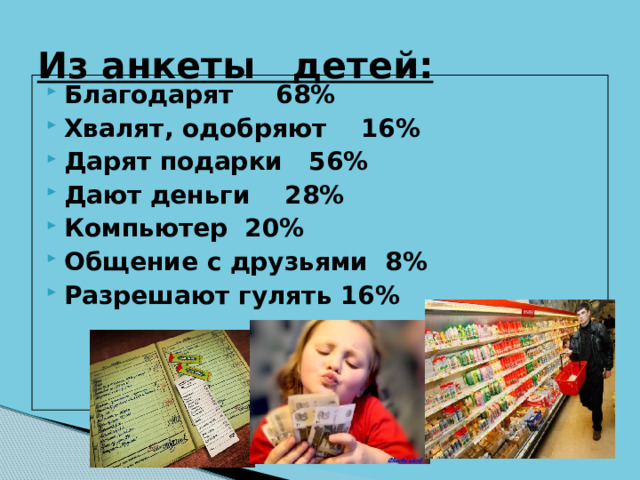 Из анкеты детей: Благодарят 68% Хвалят, одобряют 16% Дарят подарки 56% Дают деньги 28% Компьютер 20% Общение с друзьями 8% Разрешают гулять 16%    