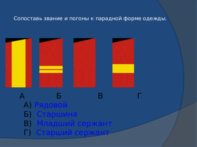  Сопоставь звание и погоны к парадной форме одежды.    А Б В Г  А) Рядовой  Б) Старшина  В) Младший сержант  Г) Старший сержант 