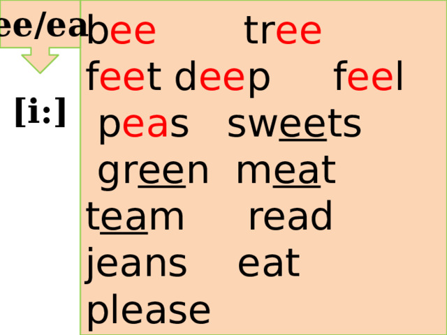 ee/ea b ee tr ee f ee t d ee p f ee l p ea s sw ee ts gr ee n m ea t t ea m read jeans eat please [i:] 