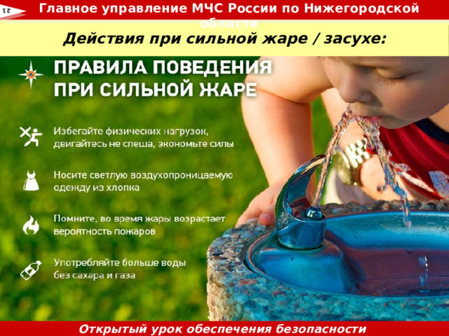 Главное управление МЧС России по Нижегородской области  21 Действия при сильной жаре / засухе:  Открытый урок обеспечения безопасности жизнедеятельности 