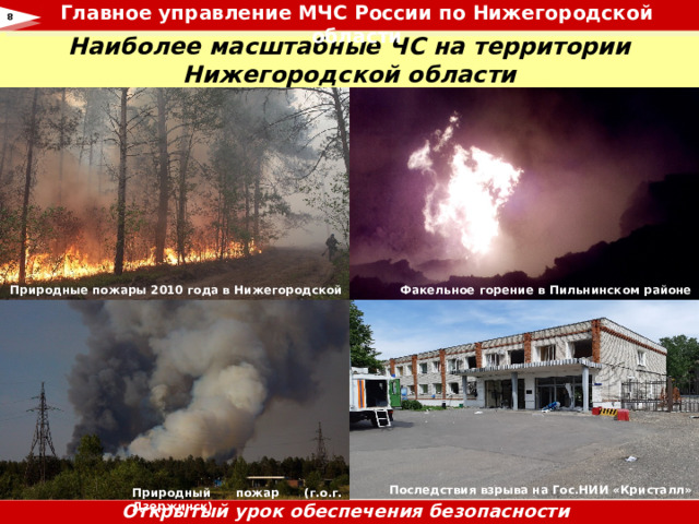 Главное управление МЧС России по Нижегородской области  8 Наиболее масштабные ЧС на территории Нижегородской области Природные пожары 2010 года в Нижегородской области Факельное горение в Пильнинском районе Последствия взрыва на Гос.НИИ «Кристалл» Природный пожар (г.о.г. Дзержинск) Открытый урок обеспечения безопасности жизнедеятельности 