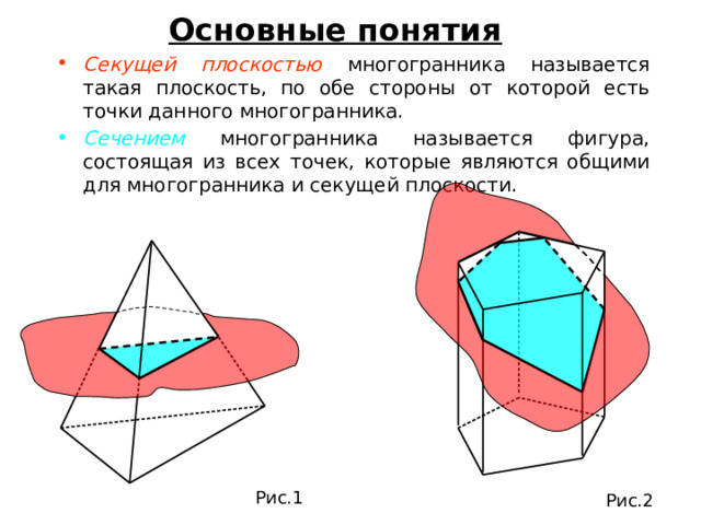 Основные понятия Секущей плоскостью многогранника называется такая плоскость, по обе стороны от которой есть точки данного многогранника. Сечением многогранника называется фигура, состоящая из всех точек, которые являются общими для многогранника и секущей плоскости. Рис.1 Рис.2 