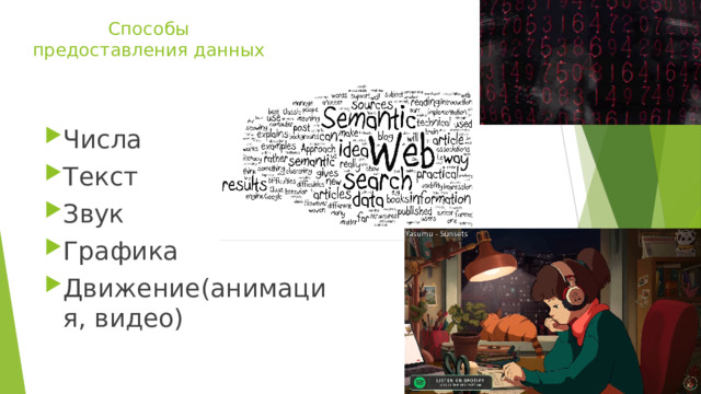 Способы предоставления данных Числа Текст Звук Графика Движение(анимация, видео) 